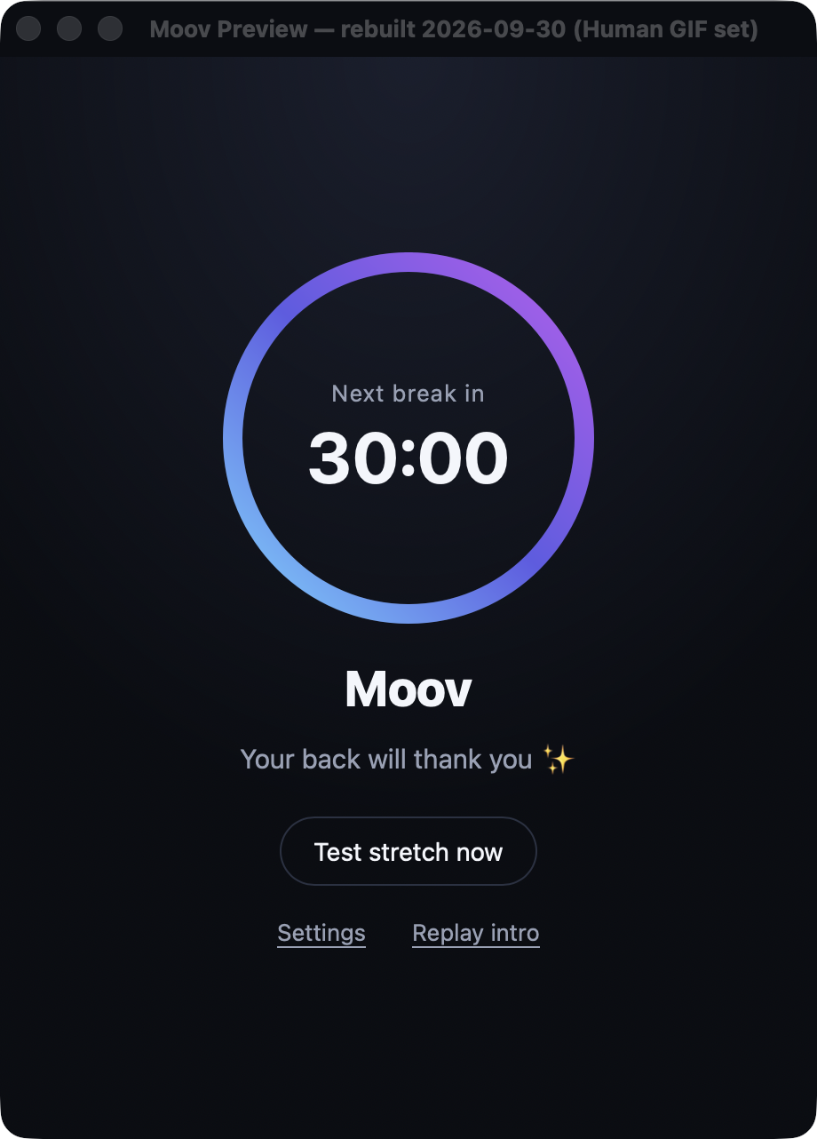 Real Moov Mac preview showing the next-break timer