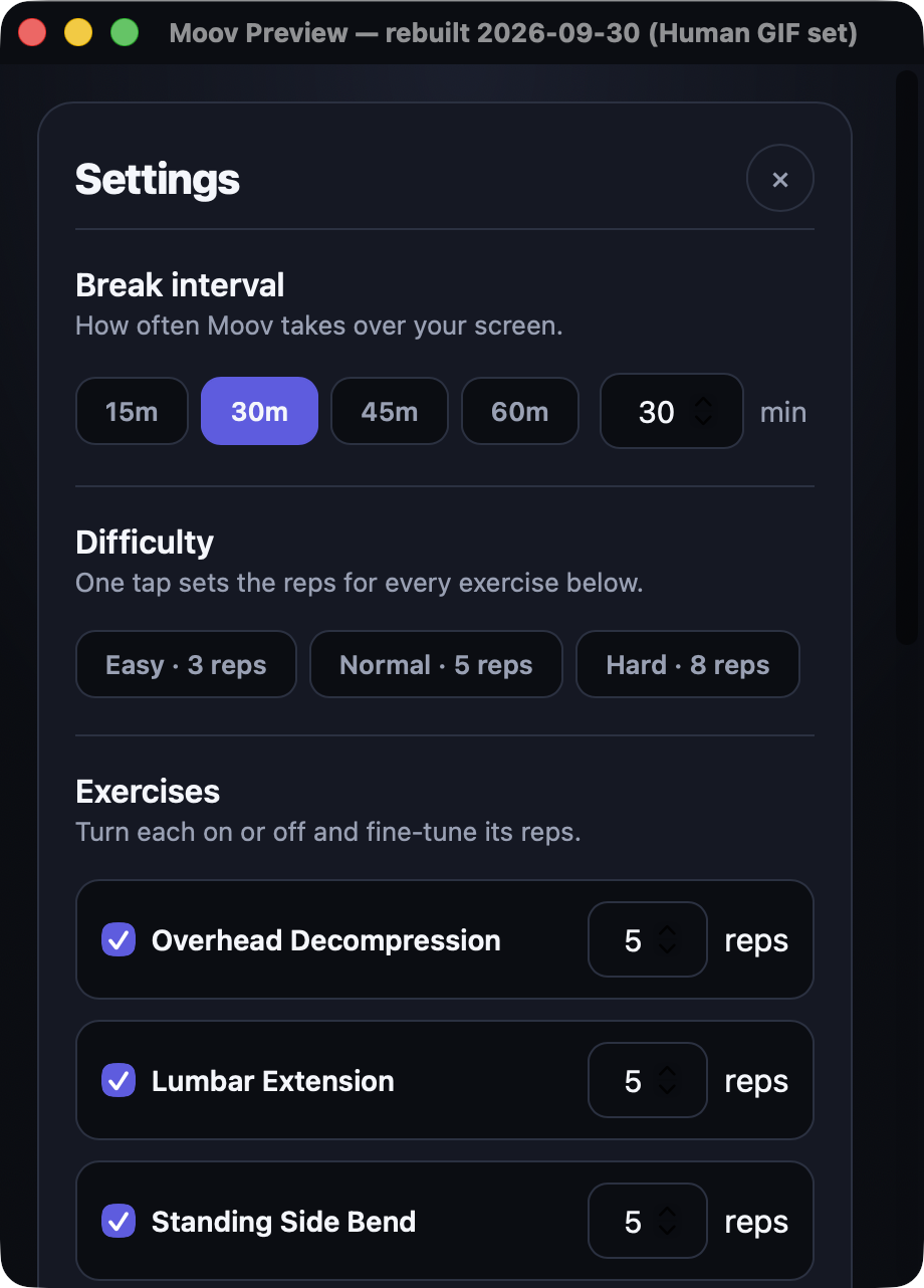 Actual Moov settings: interval, repetition level and exercise options